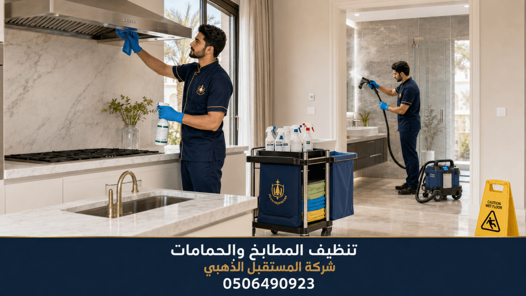 شركة تنظيف منازل في الشارقة 4 فريق شركة المستقبل الذهبي ينظف المطابخ والحمامات باحترافية باستخدام معدات متخصصة في الشارقة.