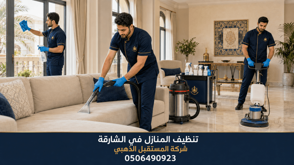 شركة تنظيف منازل في الشارقة 3 فريق شركة المستقبل الذهبي يستخدم معدات احترافية لتنظيف المنازل والفلل في الشارقة.