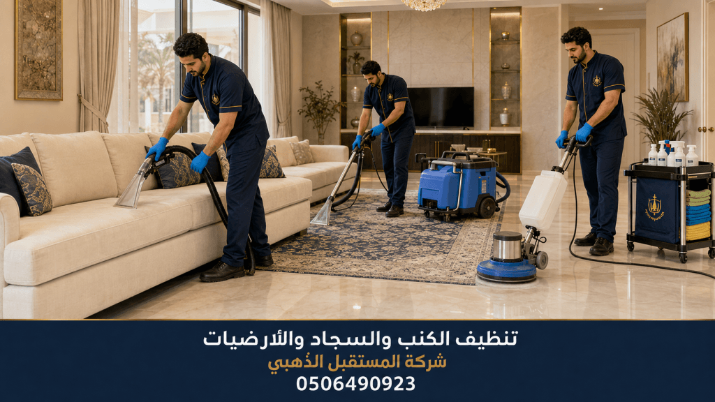شركة تنظيف منازل في الشارقة 5 عمال شركة المستقبل الذهبي ينظفون الكنب والسجاد ويلمعون الأرضيات بالمعدات في منزل بالشارقة.